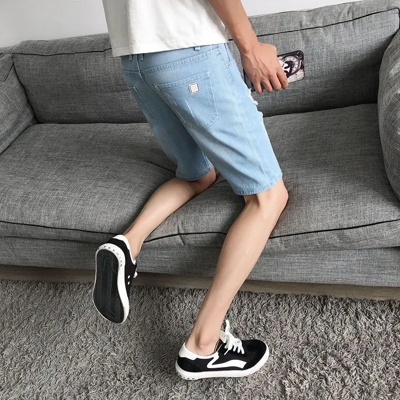 Ripped Denim Shorts Men's Five-point Summer Pants Korean Version 5-point Beggar Thin Men's Medium Pants