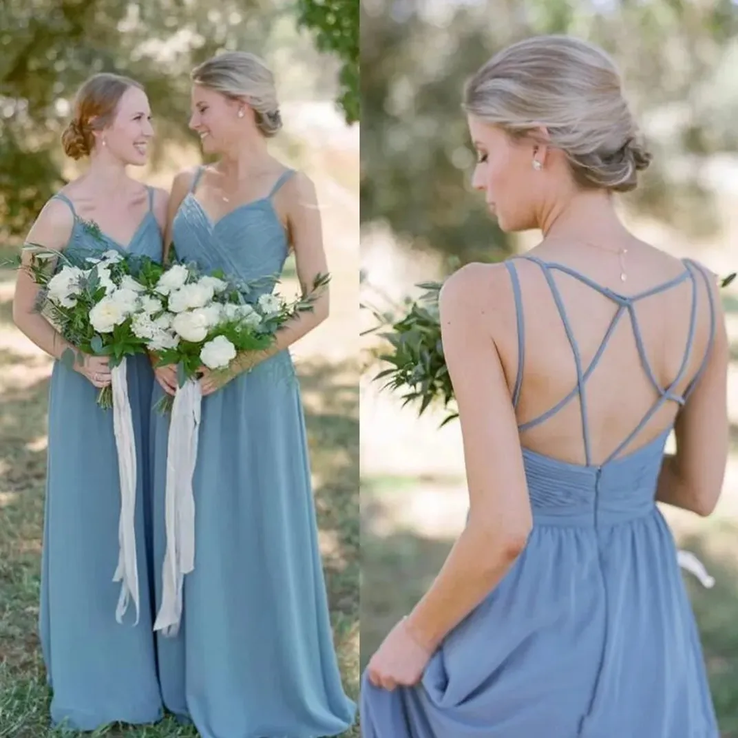 

Dusty Blue Boho Bridesmaid Dress A-line Wedding Guest Gowns with Crisscross Straps Vestido De Festa Casamento 2024 Junior Countr