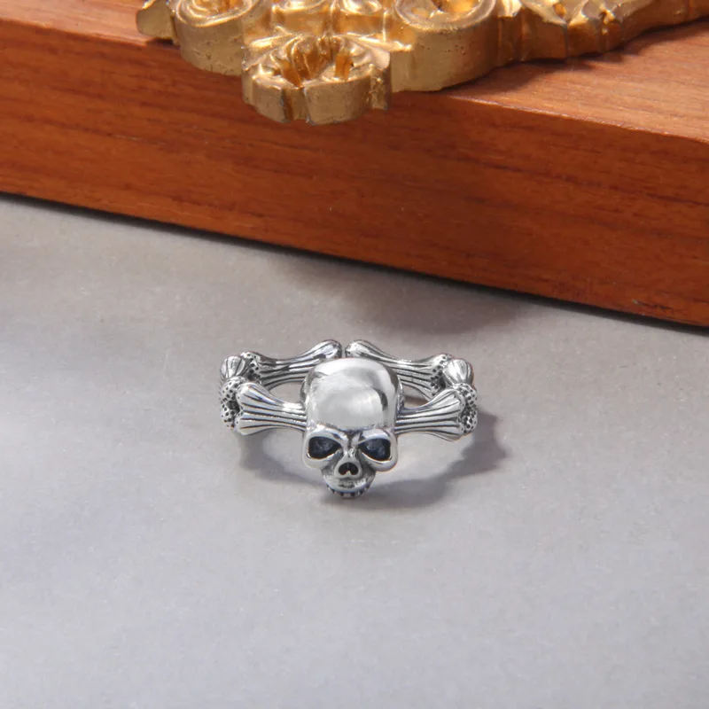 

S925 Sterling Silver Resurrected Skull Ring Men's Open Adjustable Ring Hipster Bone Hip Hop Punk Ring For Women