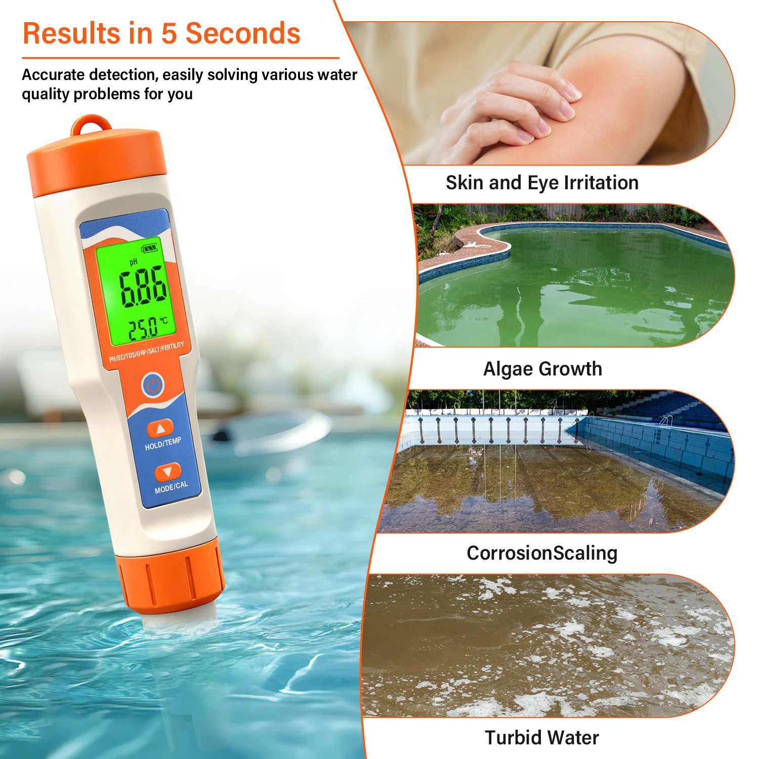 7-in-1 Pool Water Tester Digital Water Quality Meter for Swimming Pool SPA pH/OR