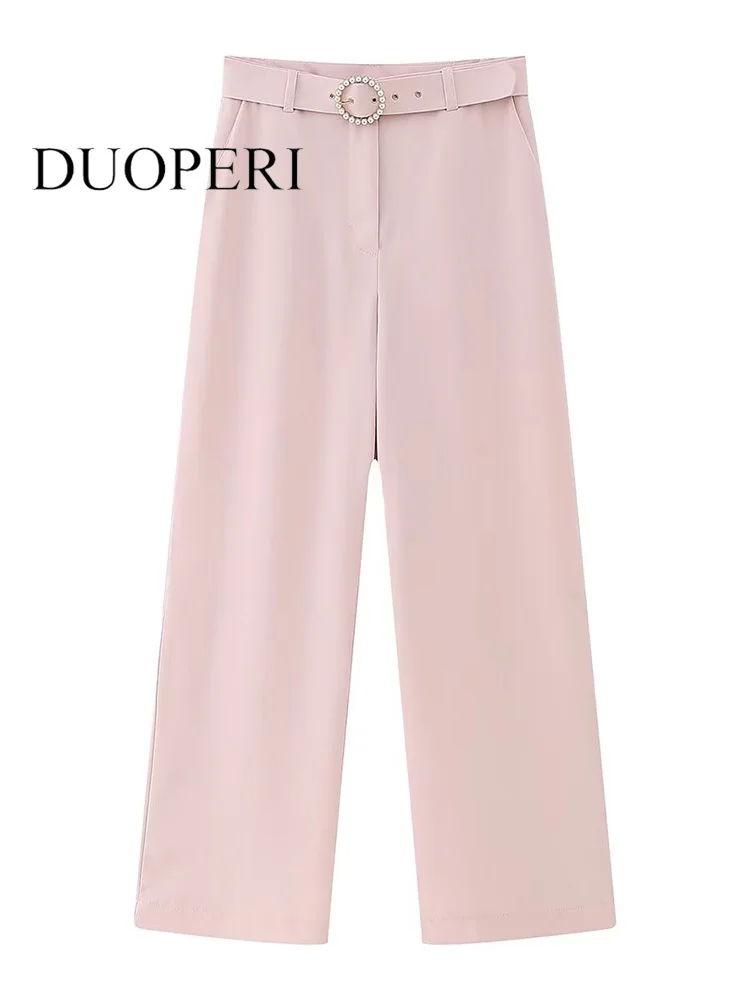 

DUOPERI Women Fashion With Belt Pink Front Zipper Straight Pants Vintage High Waist Female Chic Lady Trouser