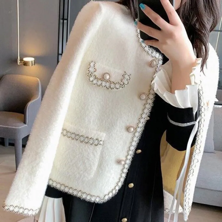 

Mink Cashmere Sweater Cardigan Women Autumn Winter Small Fragrance Female Korean Retro Black Loose O Neck Knitted Fashion