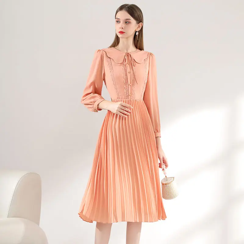 

2023 New Koreon Fashion Women Chiffon Long Dress Autumn Thin Long Sleeve Tunics High Waist Bandage Sweet Casual Midi Robe V402