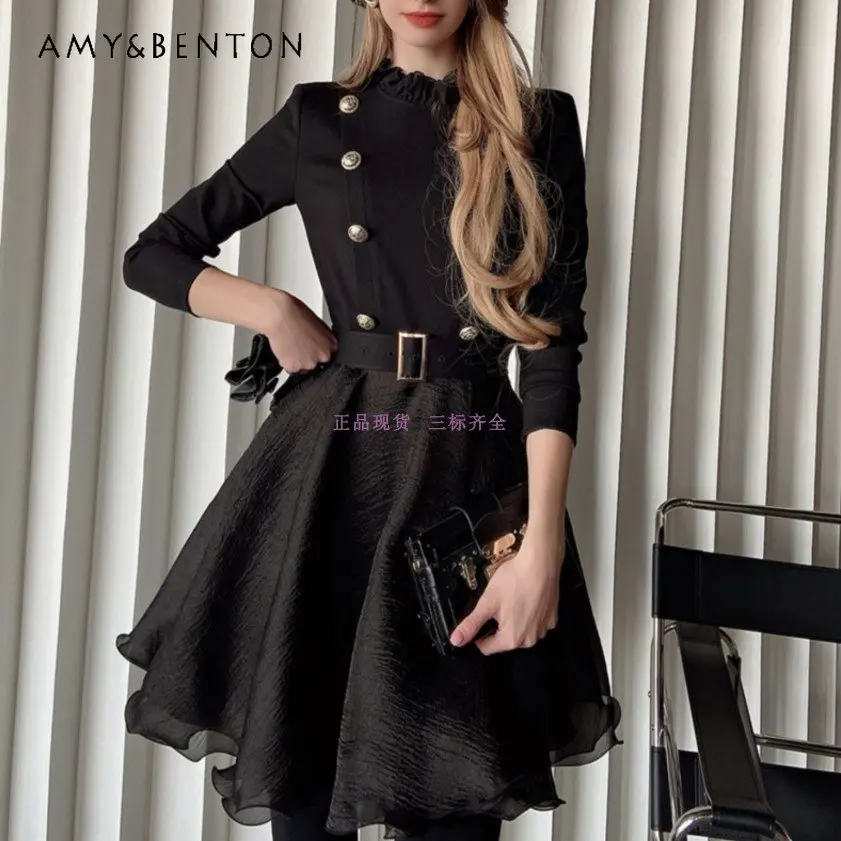 

Hepburn Style Ruffled Stand-up Collar Cinched Pettiskirt Autumn and Winter Stitching Double Breasted Dress for Women