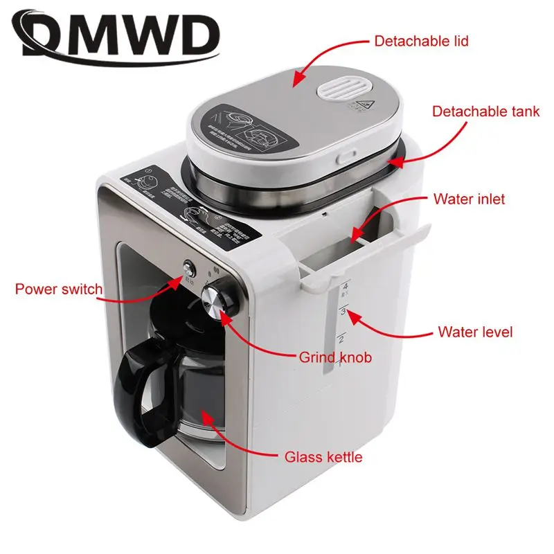 DMWD Household Automatic American Coffee Machine Drip Type Coffee Maker Filter Bean Grinder 2 in 1 Tea maker 220V