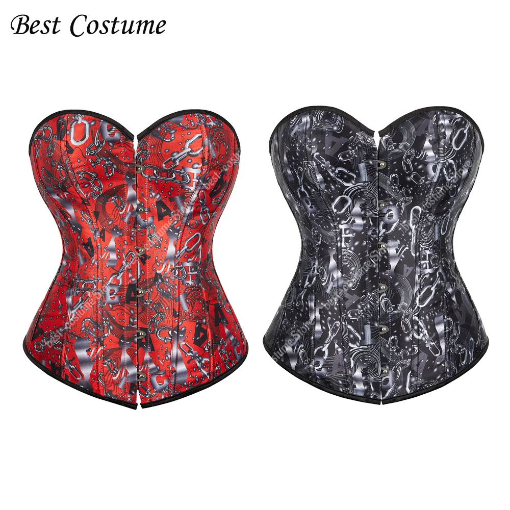 Gothic Corset Women Bodices Black Corset With Chain Print Steampunk Corset Top Plus Size  XS-7XL Bustier