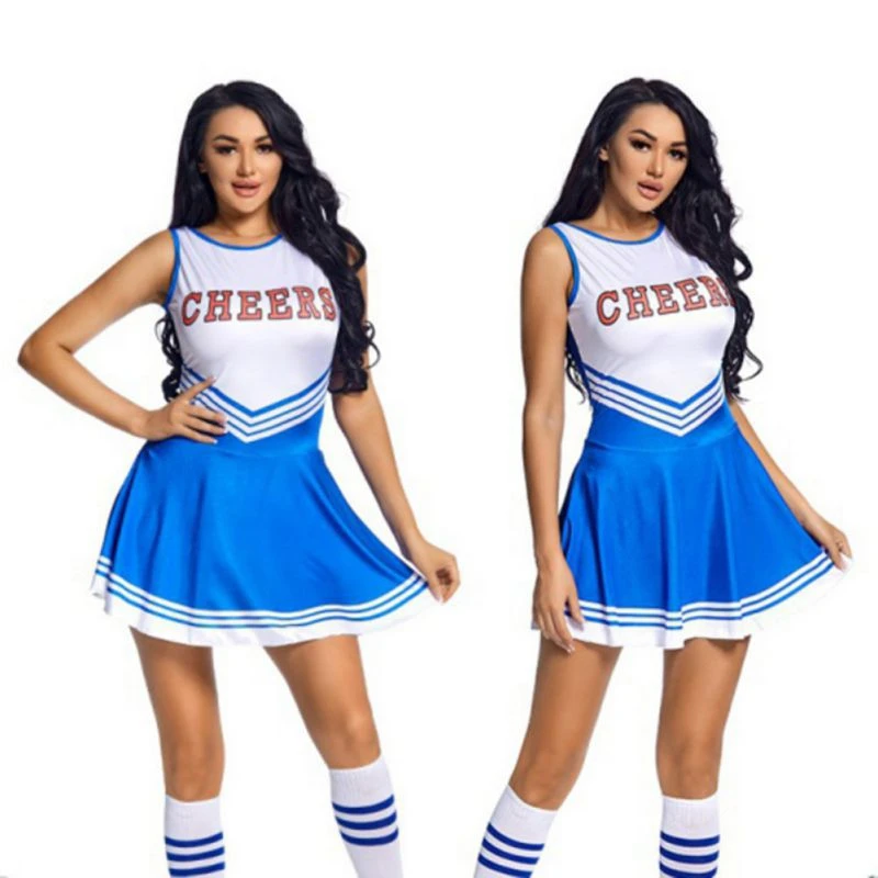 Womens Cheerleading Uniform Dance Costume Schoolgirl Cosplay Outfit with Socks Cheering Flower