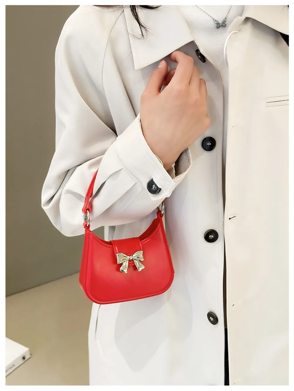 Vielseitige Mini-Hand-Zipfeltasche mit Schleife, Dekoration, Bonbonfarben, Umhängetasche, neue modische Handtasche mit Kette, Damen- und Mädchen-Mondtasche – Detail 8
