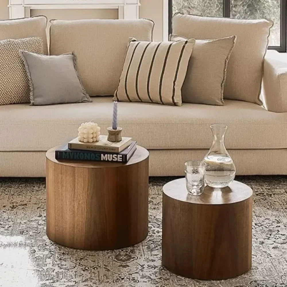 Nesting Coffee Table Set of 2, Walnut Round Wooden Coffee Tables Modern Circle Table for Small Space Living Room Bedroom