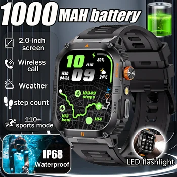 2026 1000mAh military outdoor smartwatch 2.01 inches LED flashlight IP68 waterproof Heart rate sleep Bluetooth call sport watch