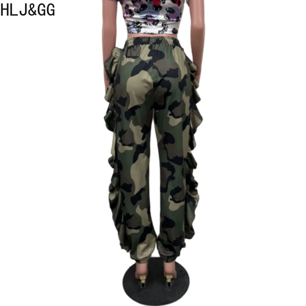 HLJ&GG Fashion Camouflage Printing Ruffle Design Sporty Pants Women High Waisted High Waisted Jogger Trousers Spring New Bottoms