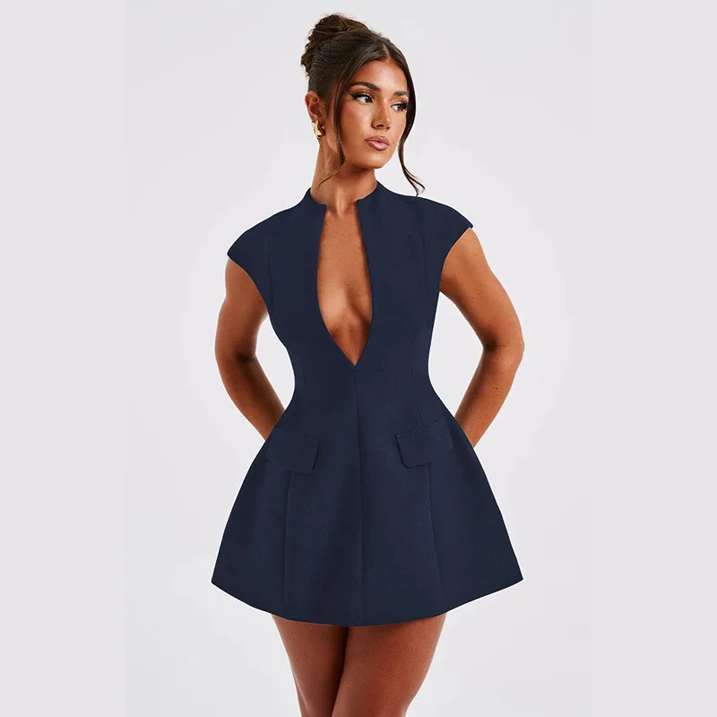 Slim Fit Short Dress Sexy Deep V Neck Dress Women Solid Color High Waist A-Line Fashion Lady Birthday Party Dresses 2025