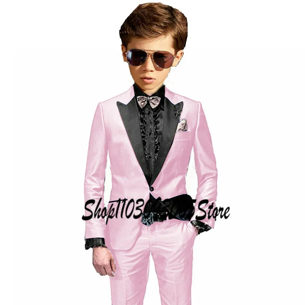 

Pink Satin Boys Suit 2 Piece Formal Wedding Tuxedo Slim Fit Jacket Pants Kids Home Party Clothes 3-16 Years