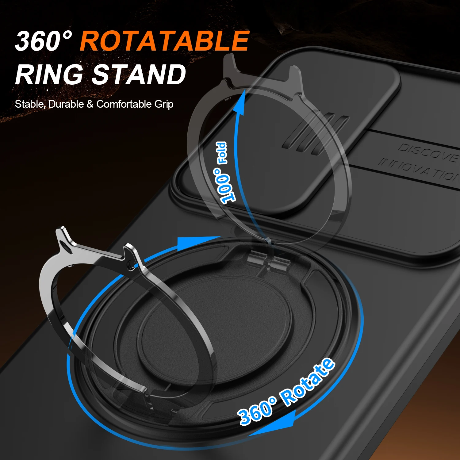 Sliding Camera Cover Armor Case with Metal Ring Stand and Durable TPU Plastic Coque