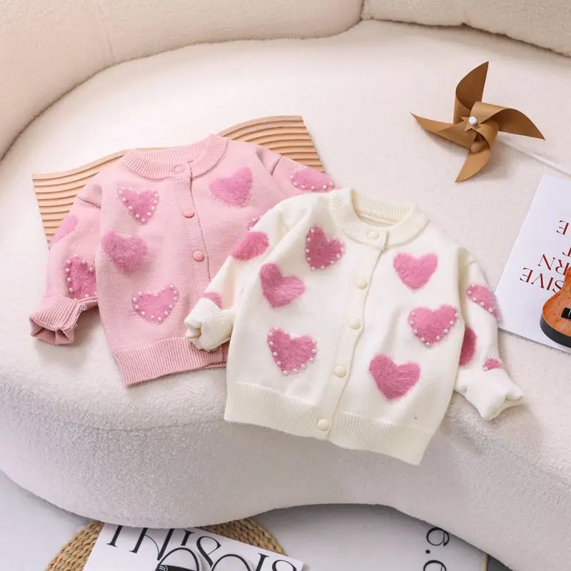 

Baby Girls' Love Pearl Sweater Cardigan 2024 Spring Autumn New Cute Girls Knitted Long Sleeved Top Casual Fashion Coats
