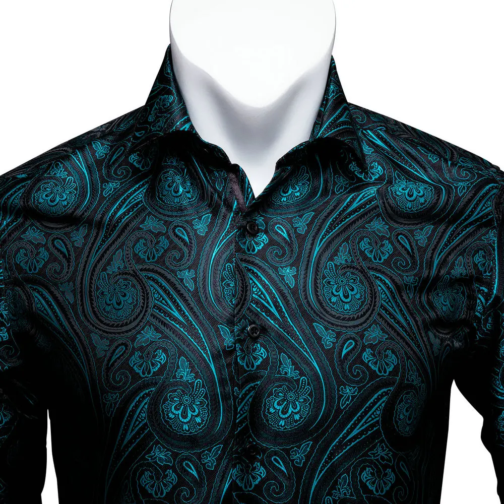 Barry.Wang Teal Paisley Floral Silk Shirts Men Autumn Long Sleeve Casual Flower Shirts For Men Designer Fit Dress Shirt BCY-05 dress shirts men casual shirts
