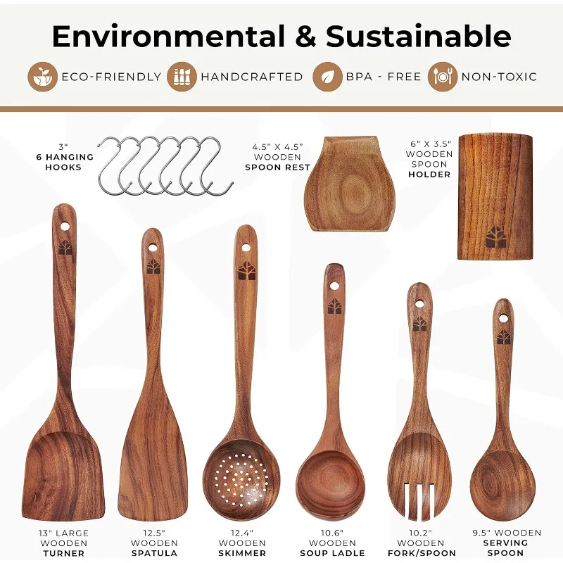 Wooden Cooking Utensils 3-Piece Set, Bamboo | Large 12.5-Inch Spatula