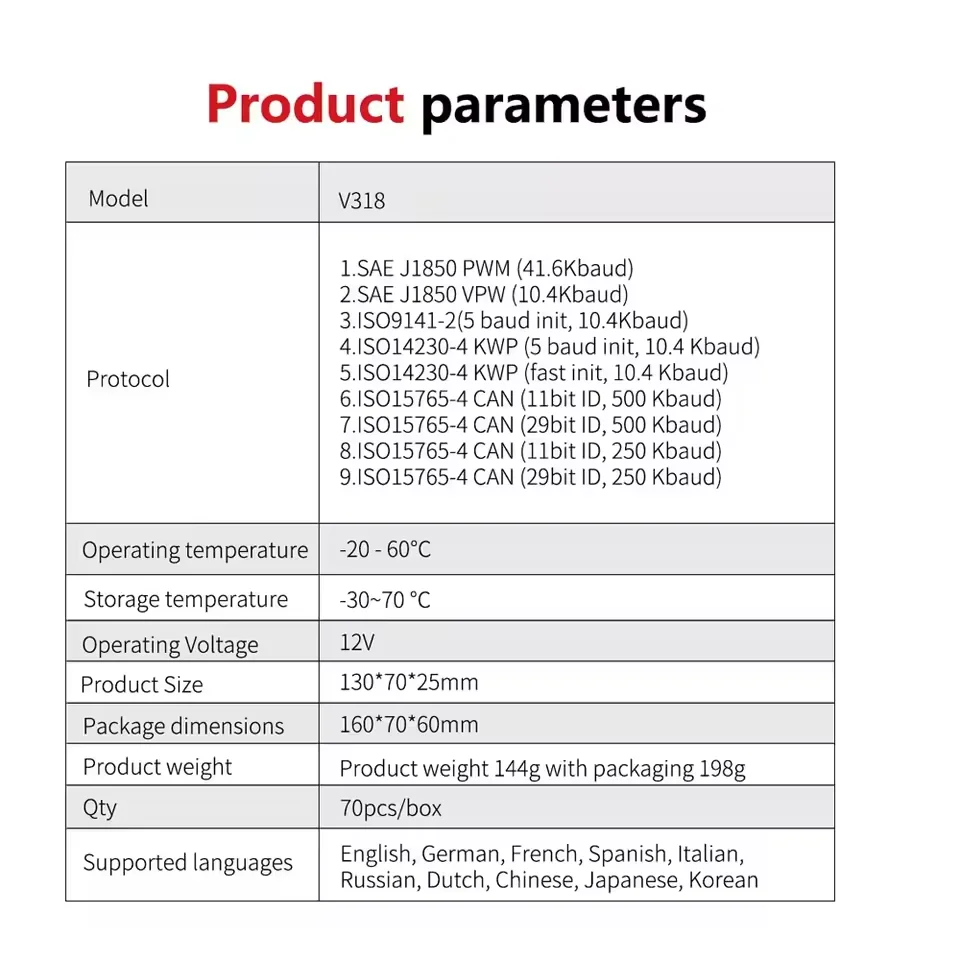 V318 Auto Diagnostic Tool Scanner Automobile Battery Tester OBD2 Automobile Clear Fault Detects Support Multiple Languages 6