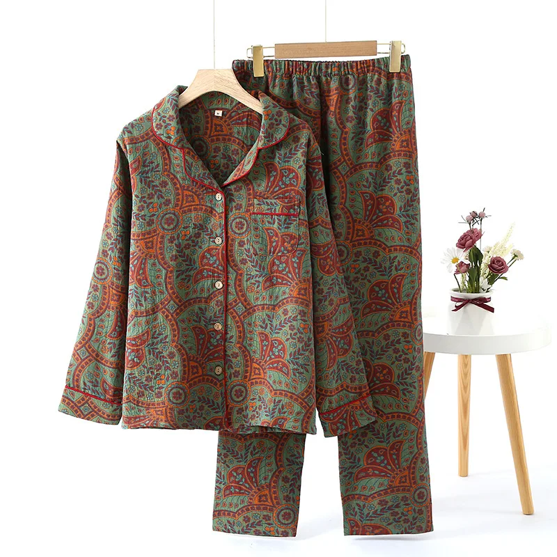 Ethnic Style Print Pajamas for Women 2 Pieces Outfit Loungewear Night Clothes Spring Autumn Long Sleeve Sleepwear Women's Cotton women pajamas set,women pajama suit,cotton pajamas set