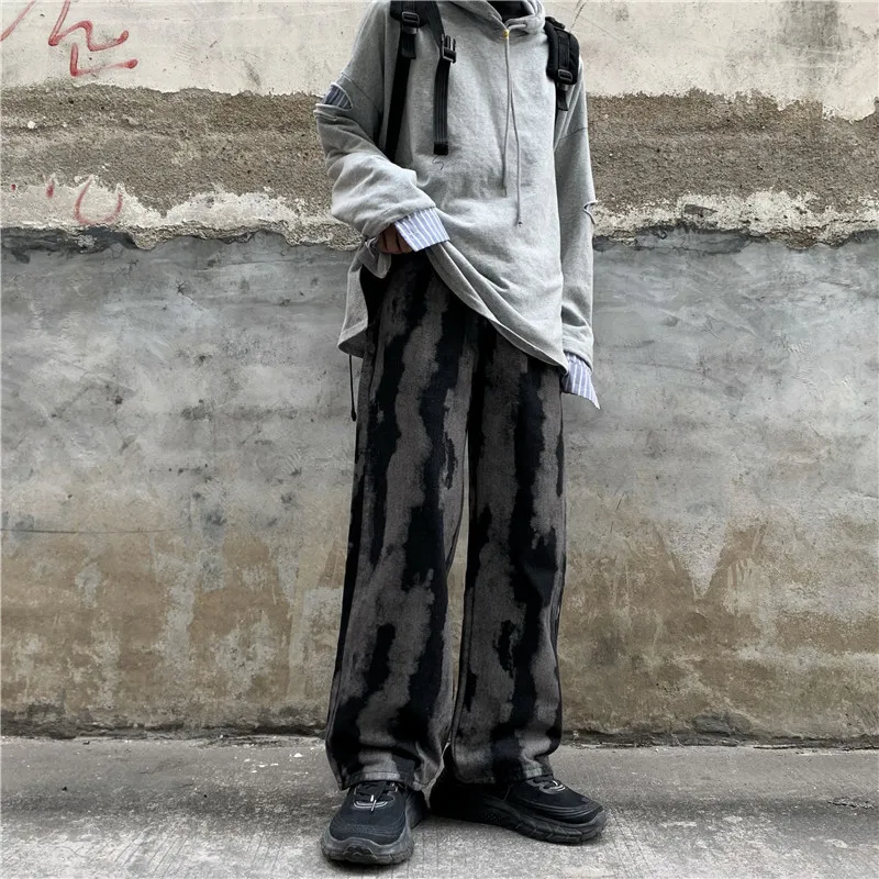 ICCLEK High Street Distressed Jeans Washed Tie-Dye Jeans Black Jeans Men's Loose Straight Retro Long Pants Men Jeans