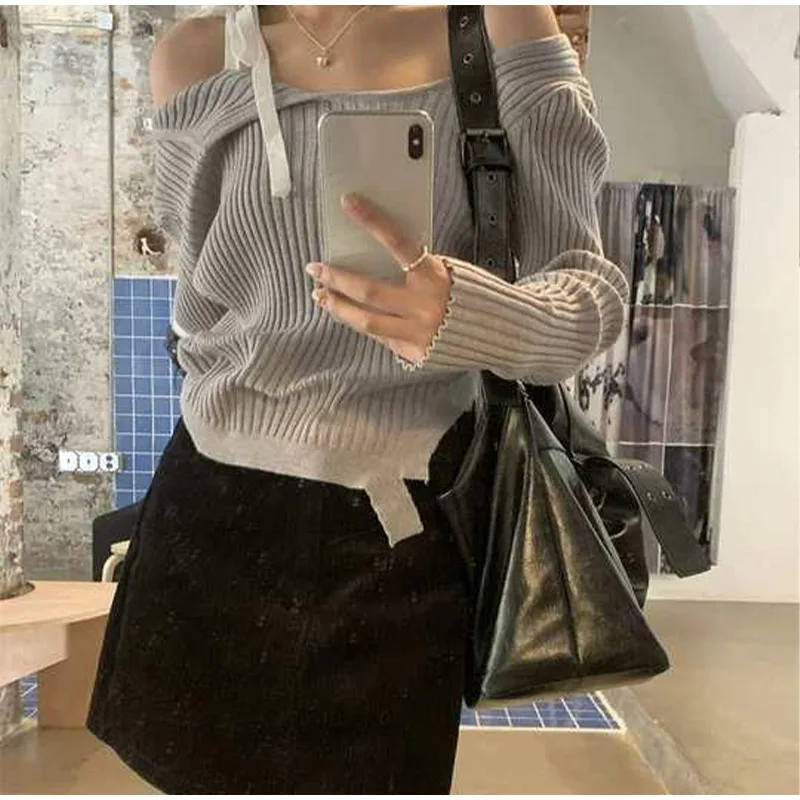 S5264568c3ef74cadad1cddf41dce9a7cI Fashion Knitted Pullover Women Street Vintage Lace-up Long Sleeve Female Sweater Spring All-match Slim Solid Lady Knitwear Mallzona