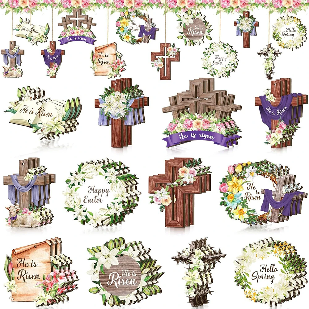 

24Pcs Easter Wooden Hanging Decor Christian Lly Cross Wood He Is Risen Ornaments Spring Easter Tree Home Party Hanging Decor