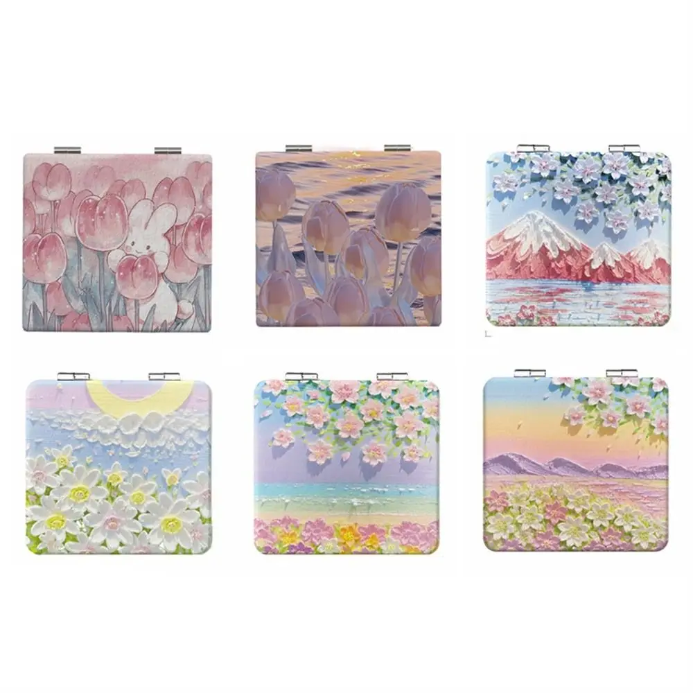 Tulip Square Makeup Mirror Oil Painting Double-Sided Folding Mirror Handheld Vanity Cosmetic Mirror Makeup Accessories 46pieces tulip fresh flower square mini box stickers handbook collection stationery label square seal sticker retro material 4cm