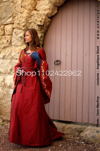 Red Lady Medieval Halloween Prom Occasion Dresses Fairy Long Sleeve Gold Applique Embroidery Movie Cosplay Evening Gown