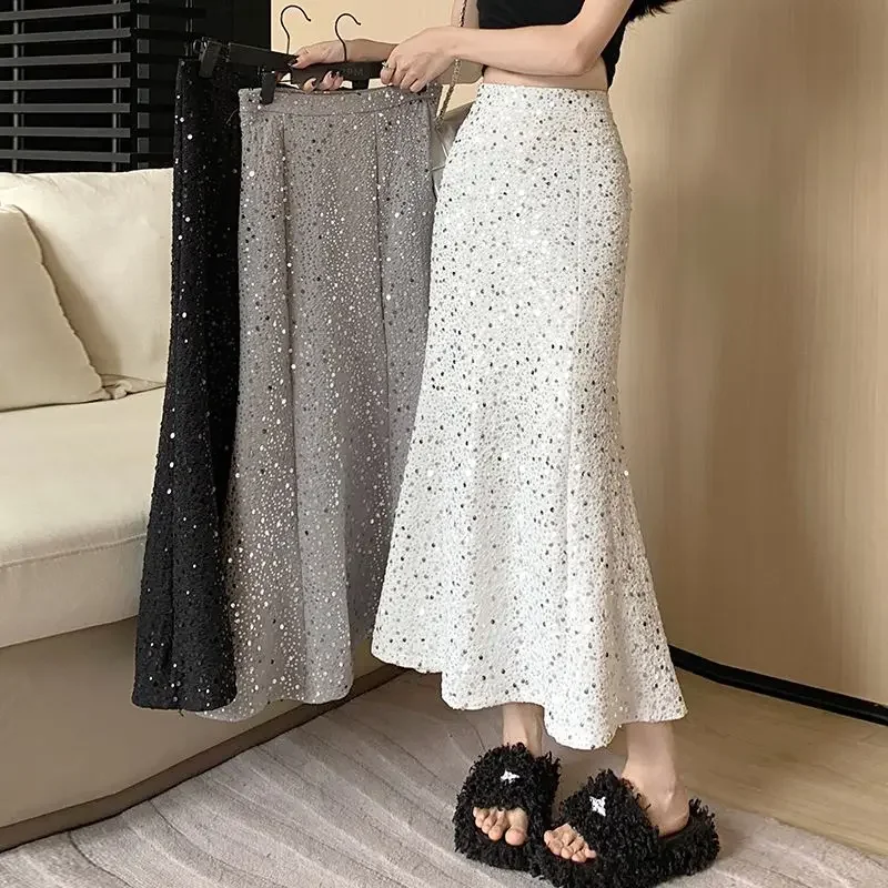 

Chic Sequin Half Skirt 2024 Women's Summer Elastic High Waist Slim Mid-length Skirts Shiny Package Hip Fishtail Skirt