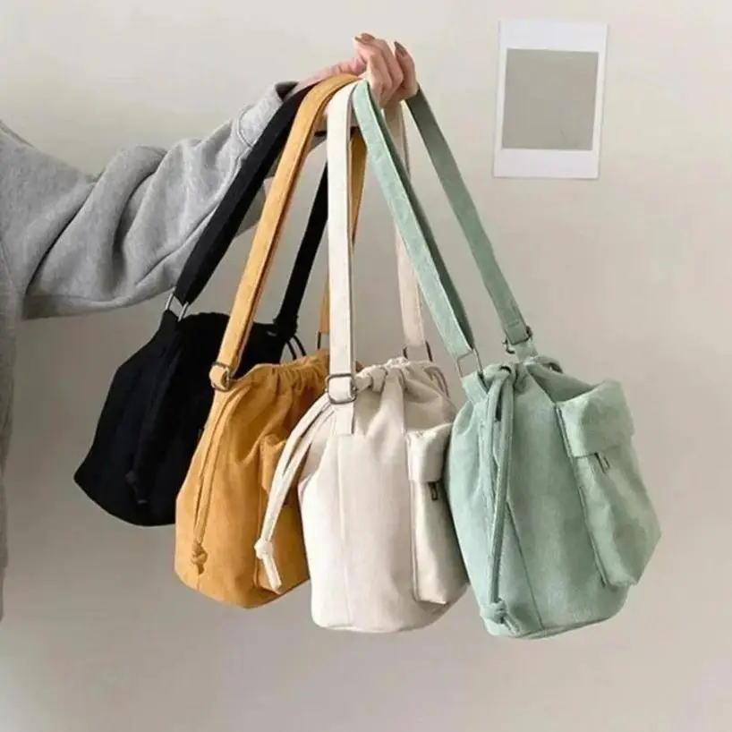 1 Pcs New Corduroy Women's Bag Crossbody Bag Korean Version Trendy Student Bucket Drawstring Single Shoulder Women's Bag