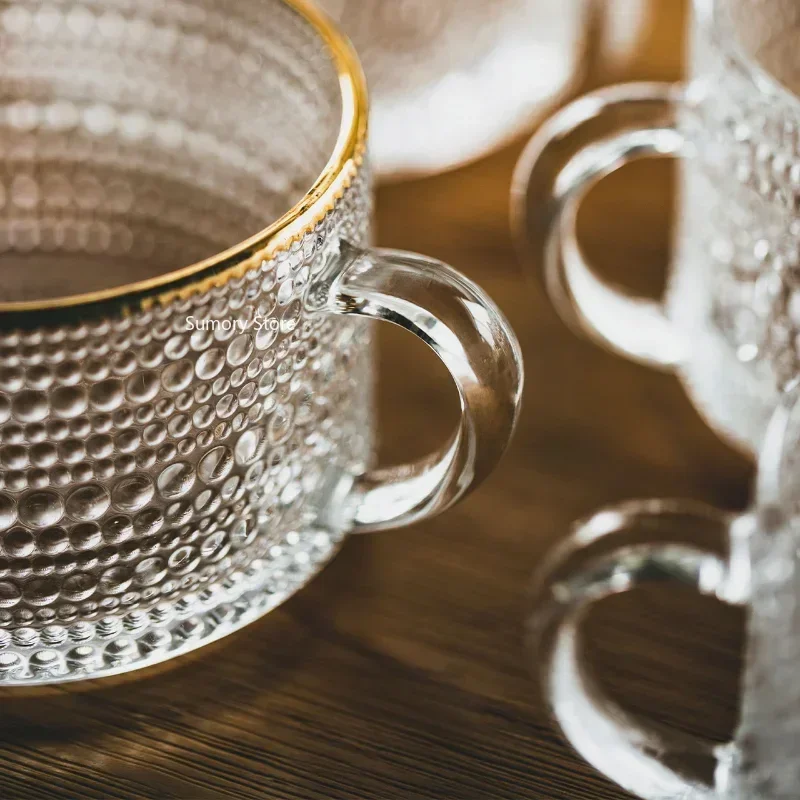 Drinking Glass Nordic Style Retro Embossed Glass Cups Sunflower Transparent Coffee Cup Pearl Milk Tea Cold Drink Juice Mug Gold Line