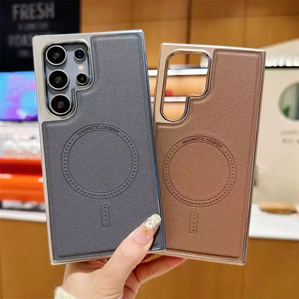Electroplated Leather Magnetic Phone Case with Wireless Charging and Shockproof Protection