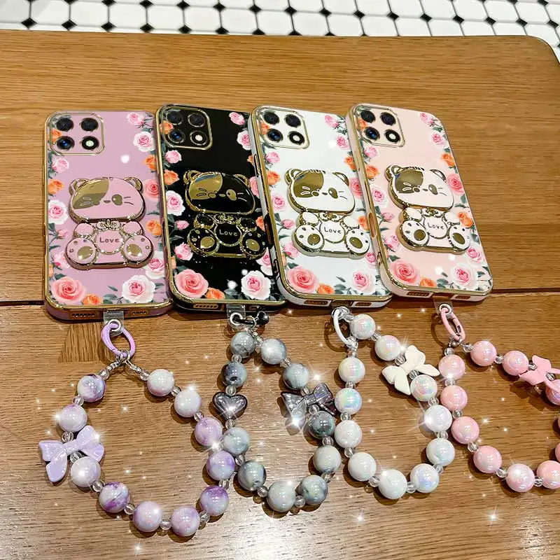 Elegant Gradation Rose Leaf Phone Case Set with Lanyard and Stand
