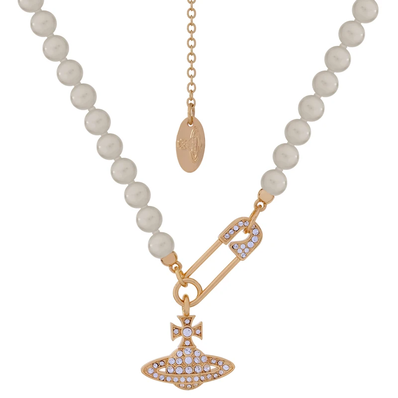 Vivienne West Queen Pearl Paperclip Zircon Saturn Necklace Planet Pin Pendant Clavicle Chain for Fashion Women's Jewelry |