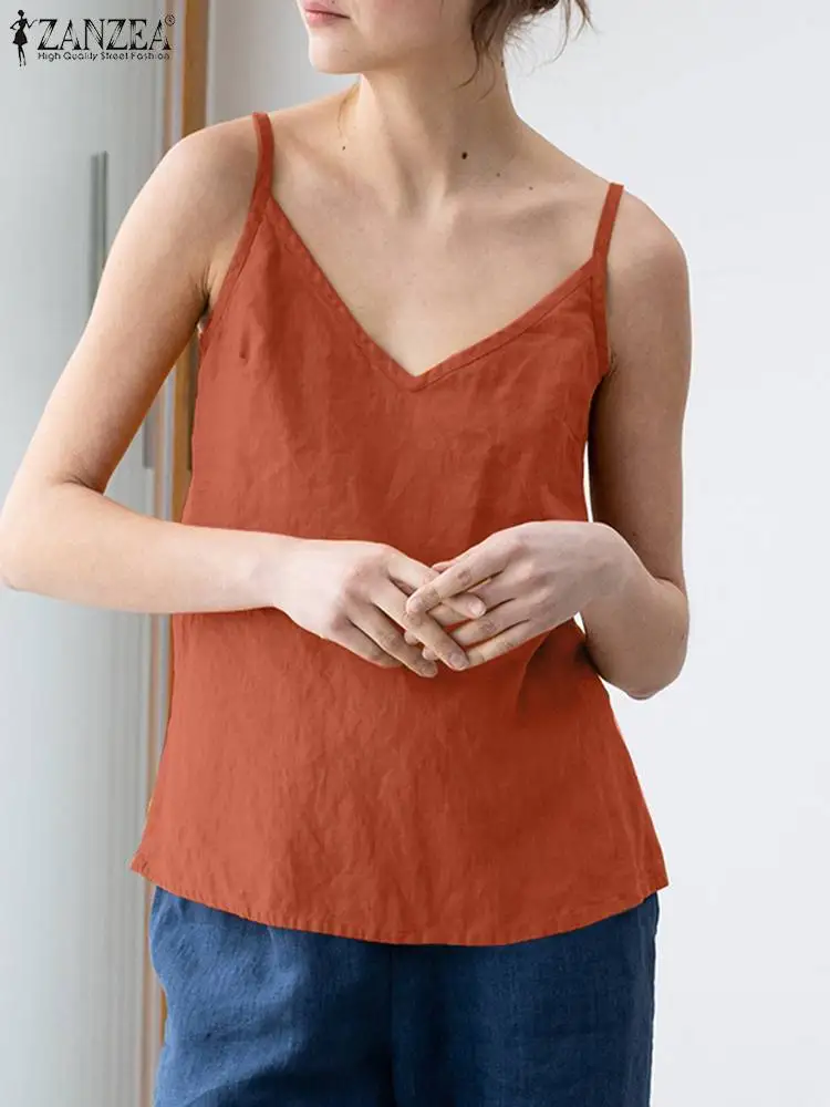 de con cuello en V para mujer, Top sin mangas Vintage de algodón, blusa básica informal con dobladillo dividido - AliExpress