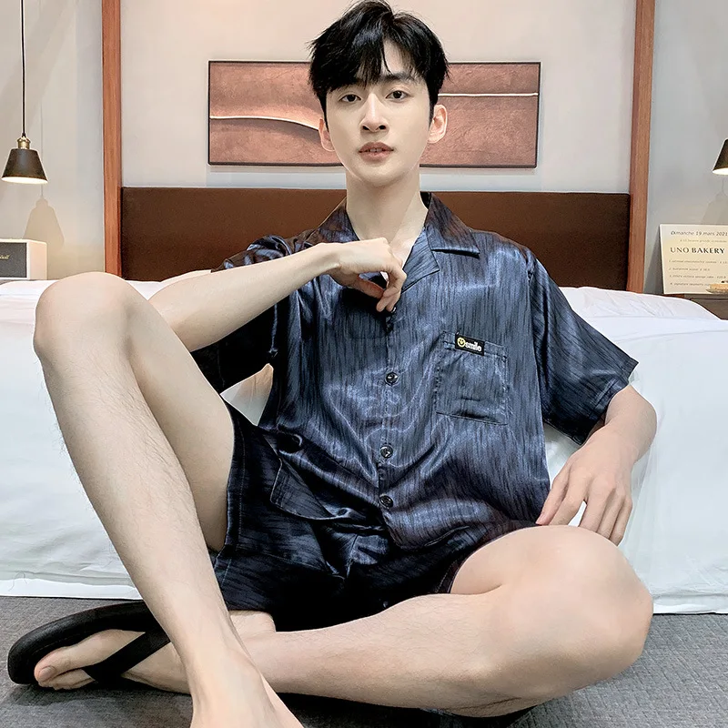 Men's Summer Thin Ice Silk Pajamas Lapel Short Sleeve Shorts Casual Home Clothing Set Comfortable Breathable Sleepwear