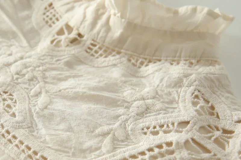 Vintage Cotton Embroidery Eyelet Lace Ruffled Collar Long Sleeve Blouse Spring Elegant Chic Victorian Edwardian Hollow Out Shirt