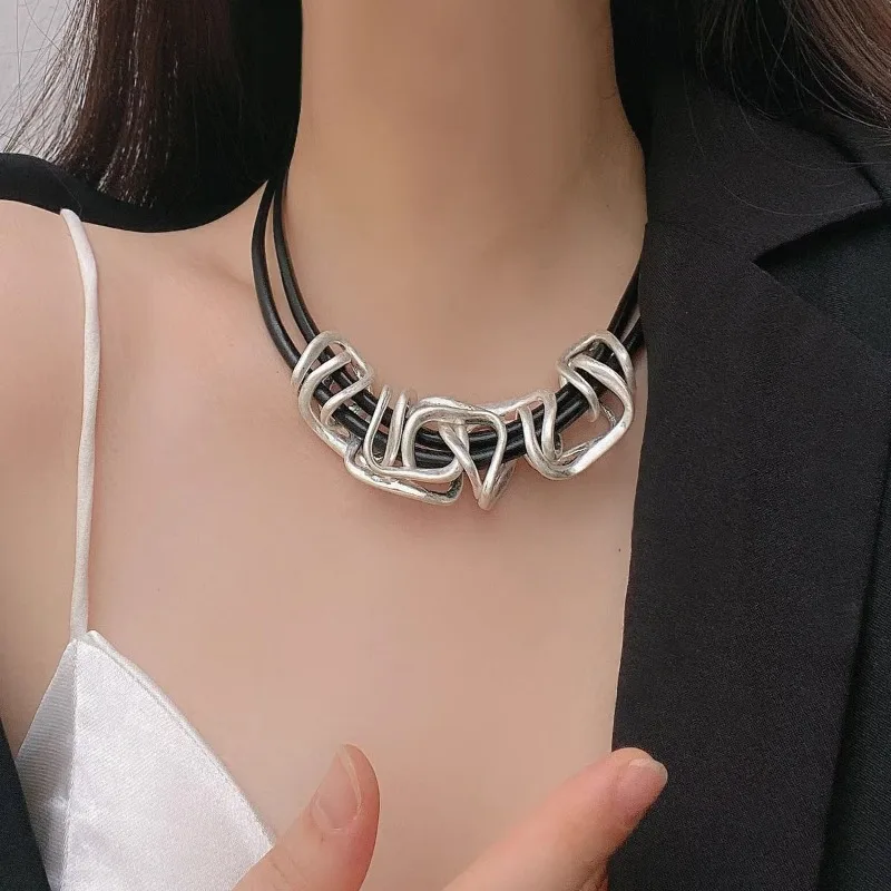 Gothic Punk Fashion Black Double Layer PU Leather Cord Irregular Designer Women's Necklace Collar Party Evening Women's Jewelry