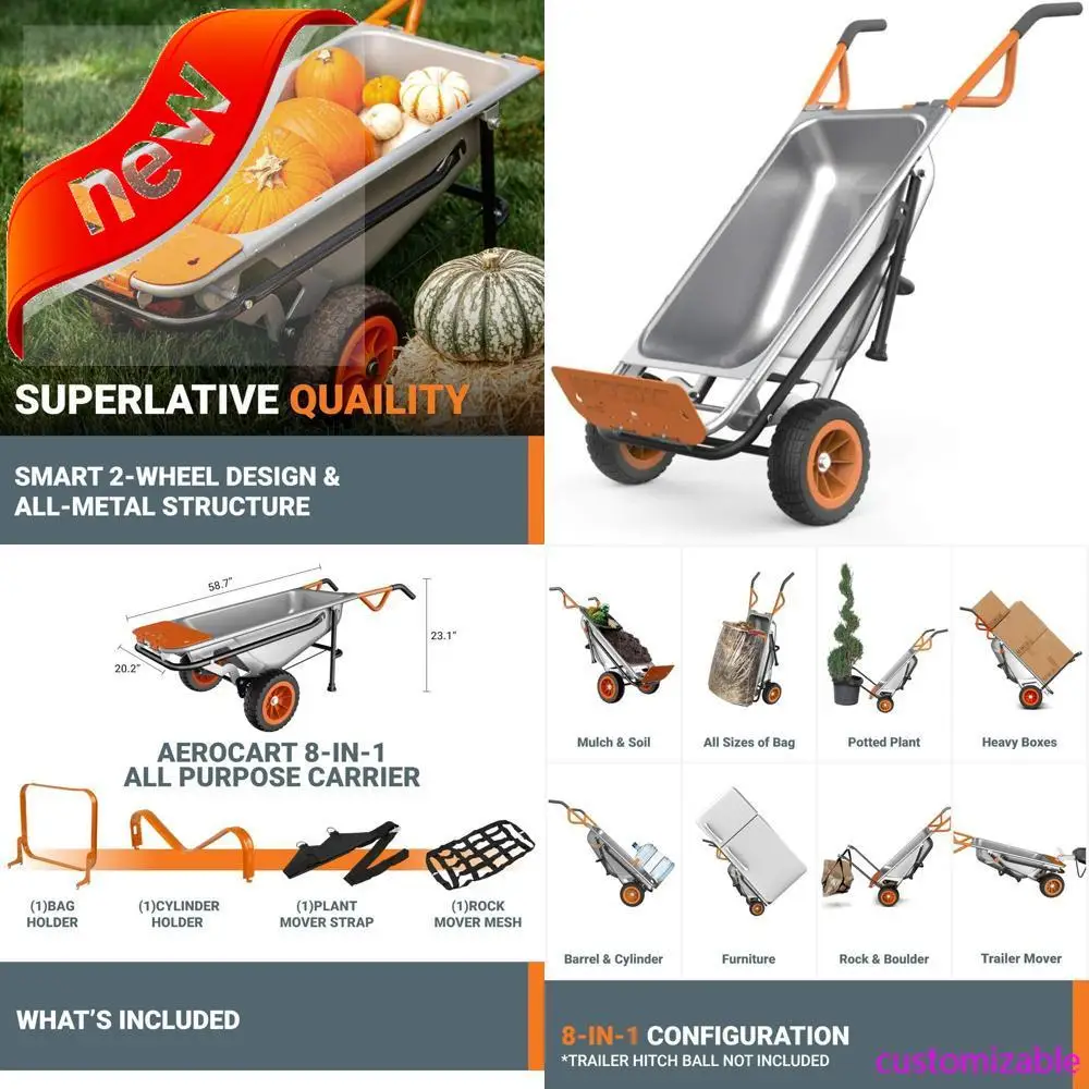 2025new-Worx WG050 Aerocart: 8-in-1 Heavy-Duty Garden Cart and Wheelbarrow Dolly