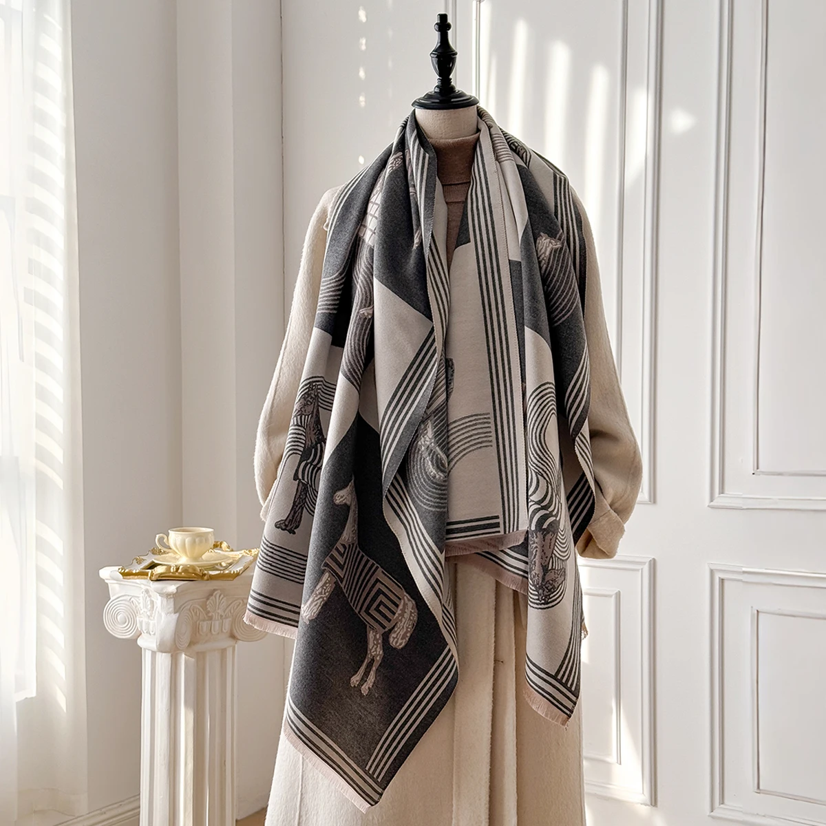 Brand Fashion Women's Winter Cashmere Shawl - Vintage Floral Printed Tasseled Oil Painting Style Pashmina Thick Wrap & Echarpe