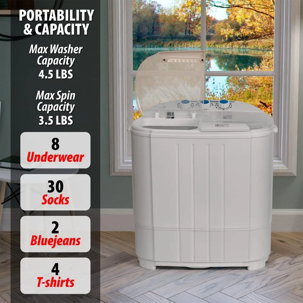 Compact Washing Machine with Twin Tub for Wash and Spin Dry, Portable, Built-in Gravity Drainage System, Agitation Wash Cycles