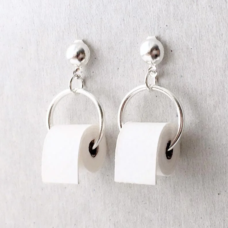 

1Pair Handmade TOILET PAPER ROLL Funny Elegant Mini Dangle Earrings Toilet Holder Toilet Ring Holder