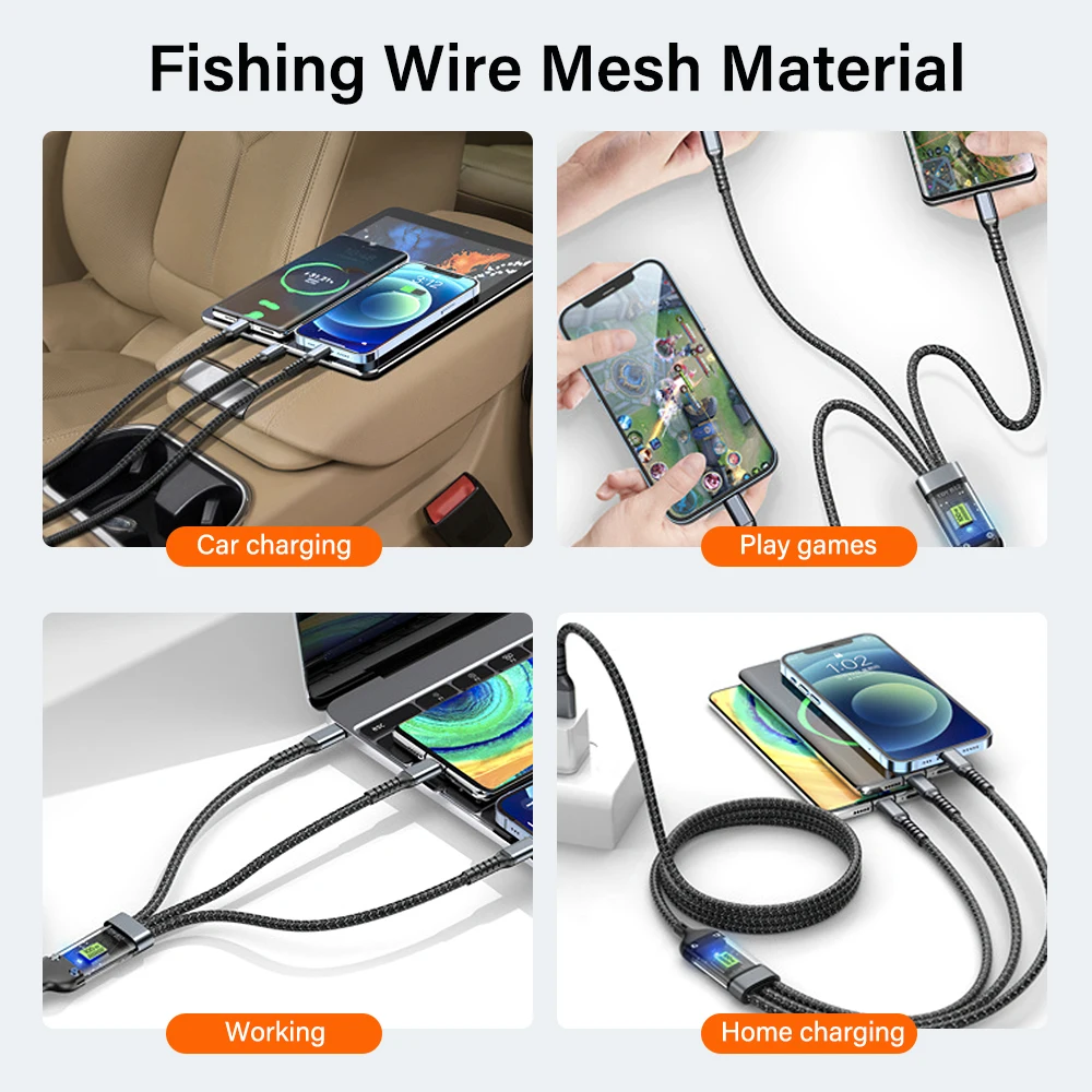 100W 고속 충전 케이블 멀티 충전 케이블 나일론 편조형 멀티 USB 범용 3 in 1 충전 코드 어댑터 (타입-C 마이크로 포함)