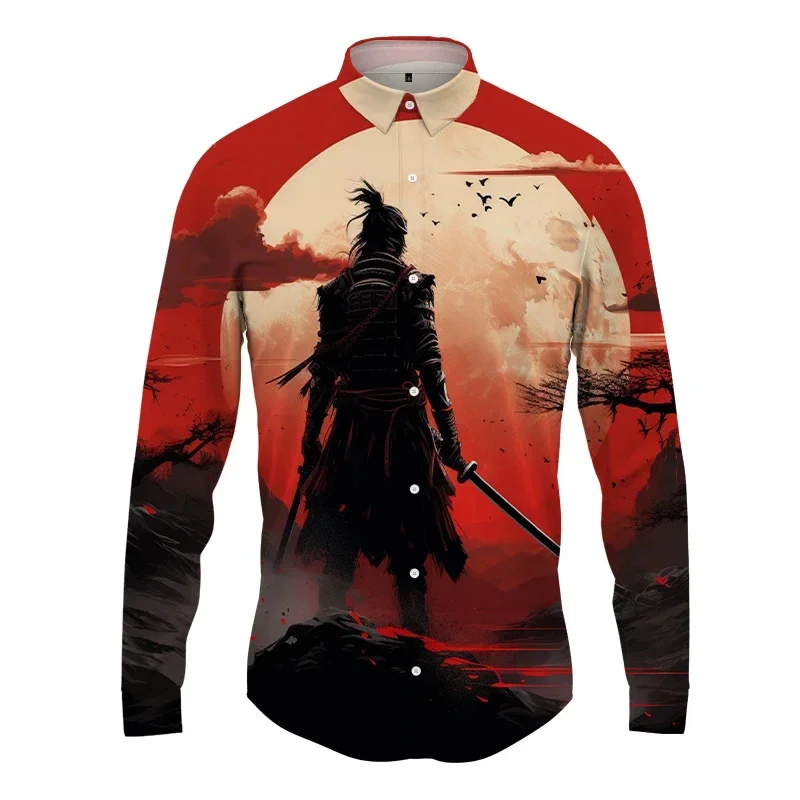 thumbnail image 1 of Camisa de solapa con estampado 3D de samurái japonés para hombre y mujer, camisas casuales de moda de manga larga, blusas con botones, ropa unisex de gran tamaño, 1 of 5