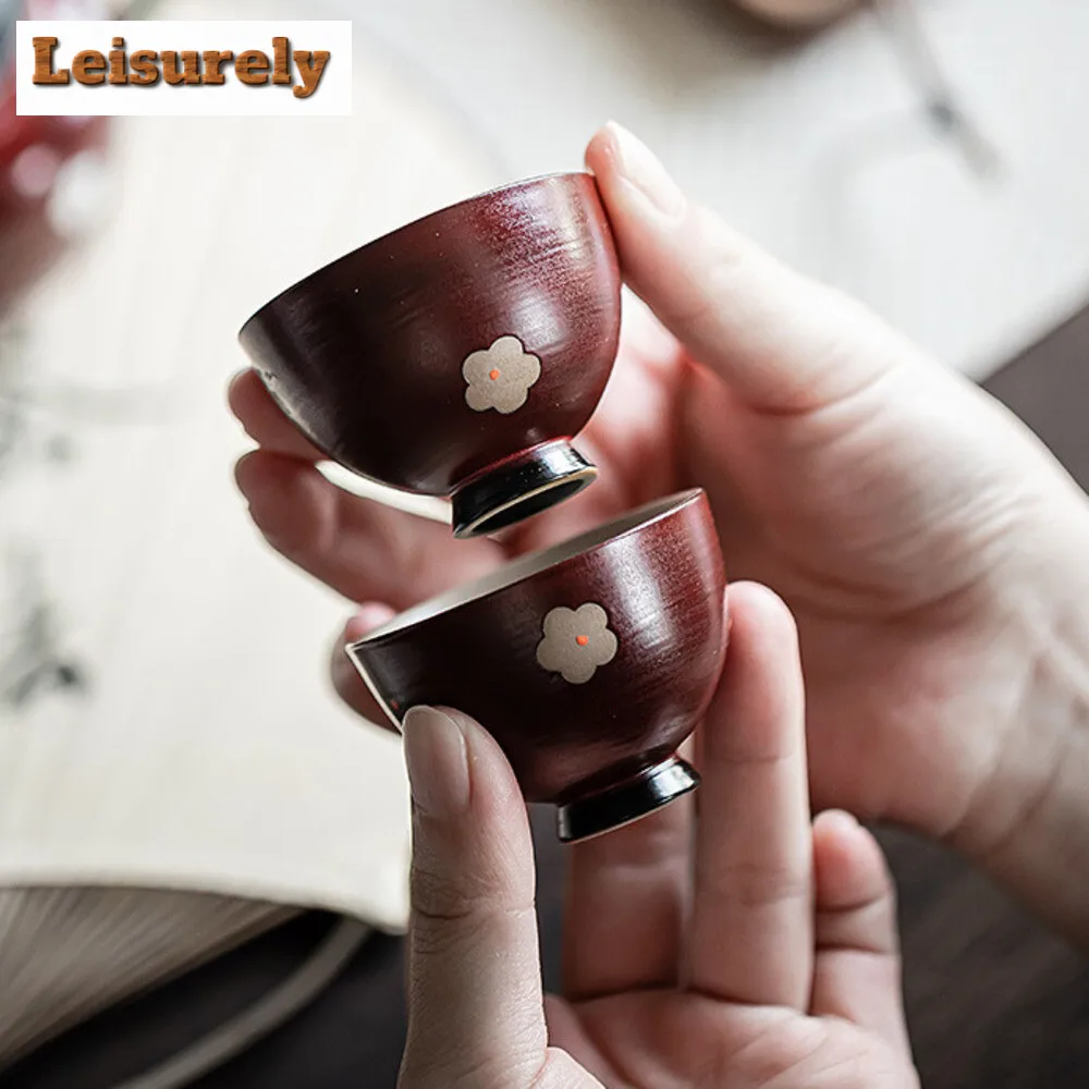 2pc/set Retro Powder Yin Hawthorn Red Teacup Handpainted Small Flower Maste Cup Half Moon Cup Smelling Fragrance Cup Teaset 30ml