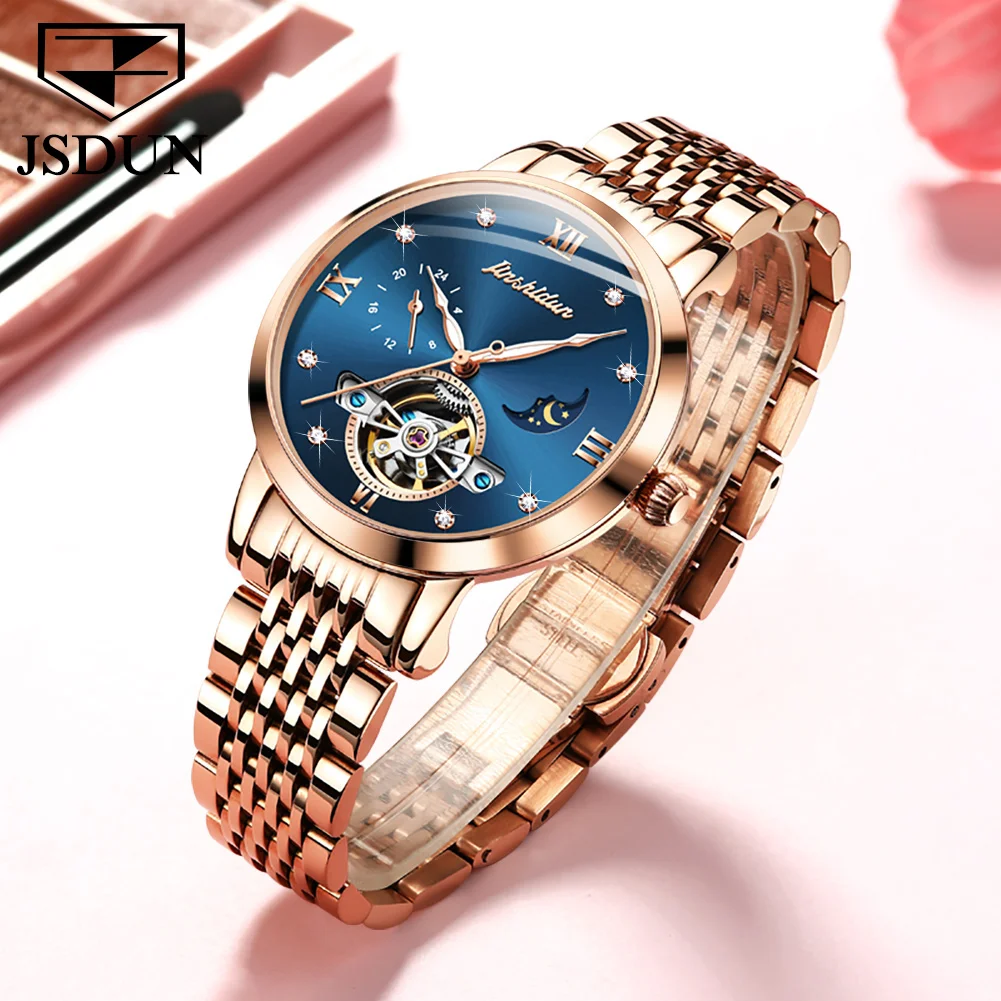 

JSDUN Women's Luxury Mechanical Watch Female Automatic Wrist Watches Ladies Tourbillon Skeleton Elegant Bracelet Hand Clock