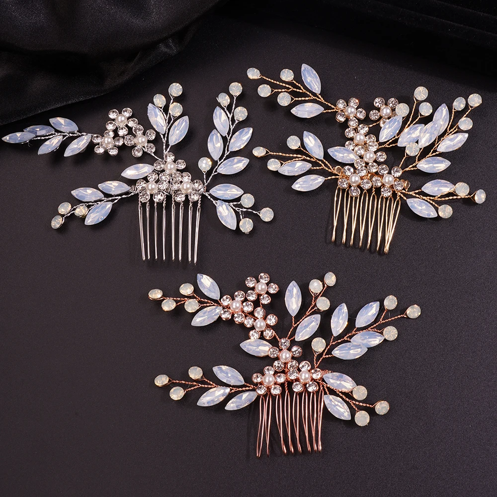 Handmade Wedding Opal Rhinestones Flower Hair Comb Clip Bridal Hair Comb Piece Gold Accessories for Brides Wedding