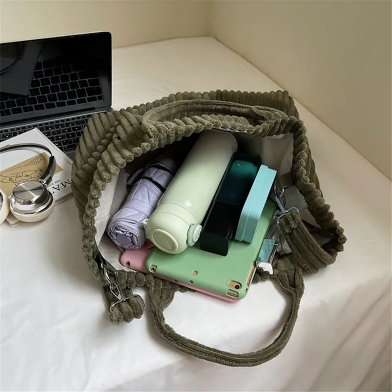 New Style Striped Velvet Handbag Women Shoulder Bag, Large Capacity Crossbody Bags, Versatile Letter Corduroy Women's Tote Bag