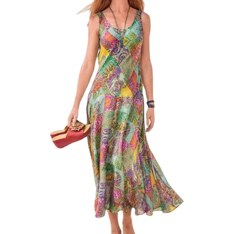 

2023 Summer Women's Casual Comfortable Loose Sleeveless Dress Fashionable Bohemian Print Vacation Beach Dress Women's Clothing