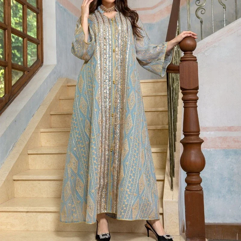 2024Muslim New Year Mesh Embroidered Evening Dress Sequin Stitching Dress Fashion Dubai Robe  vestido largo mujer verano